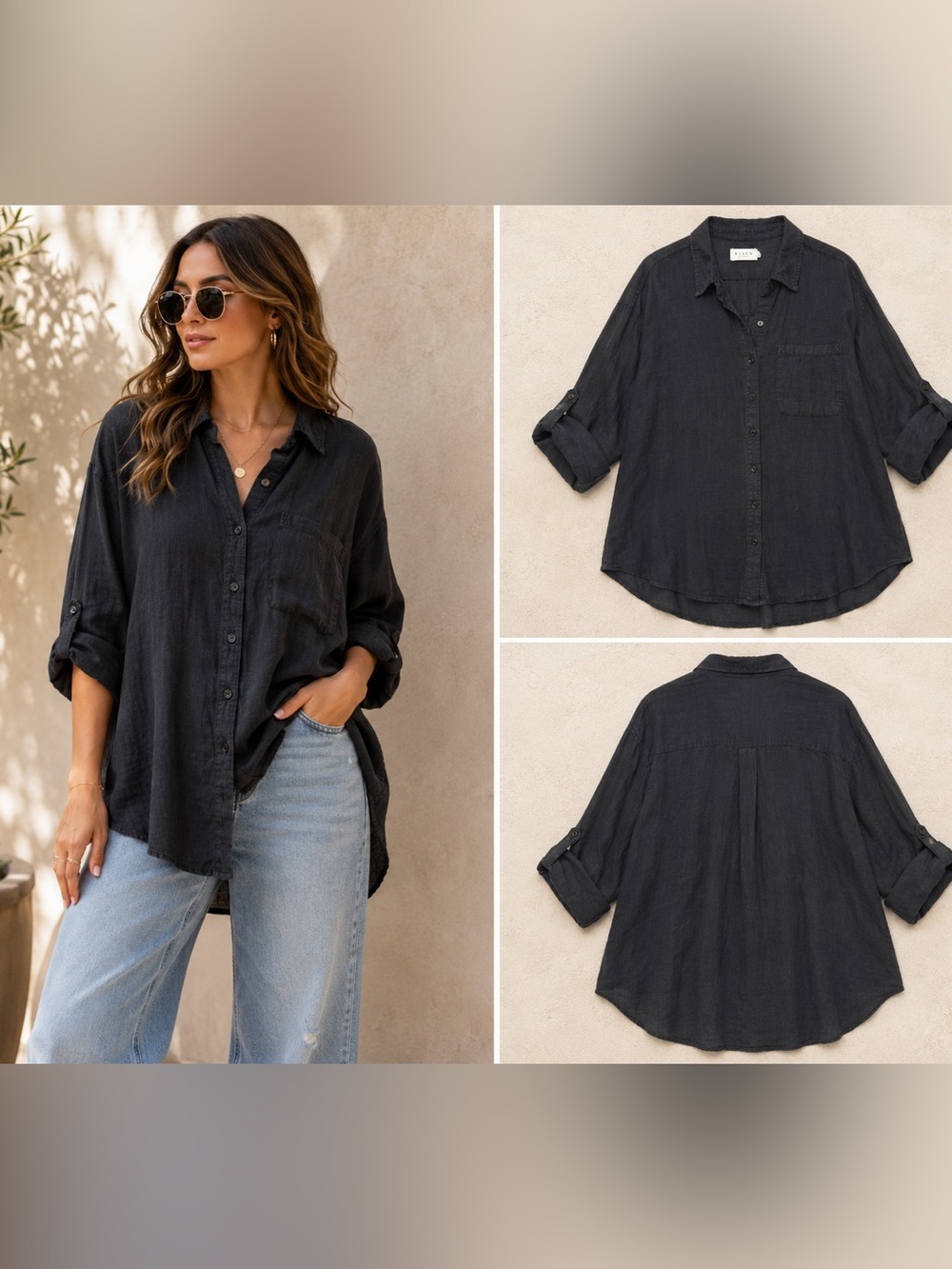 Risen Los Angeles Oversized Linen Blend Button Up Shirt Black 1XL